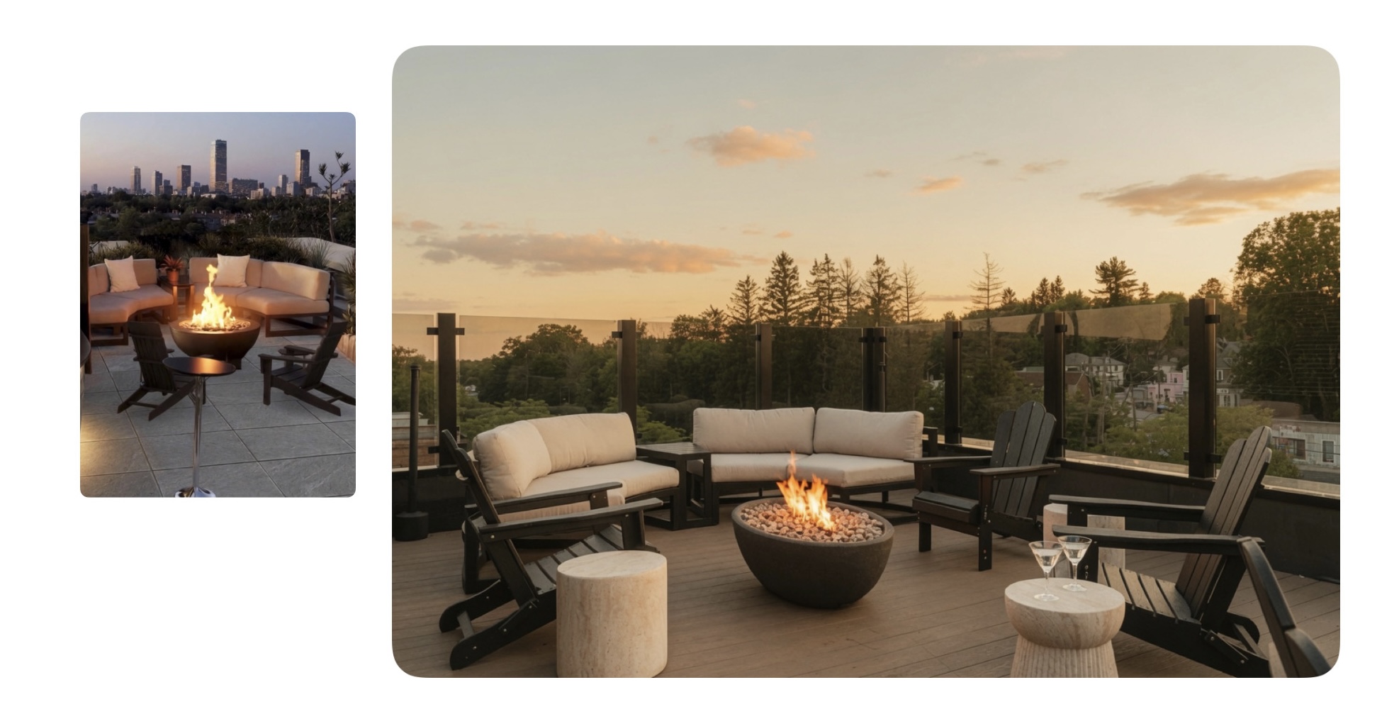 Rooftop firepit lounge rendering compared to the completed installation at sunset