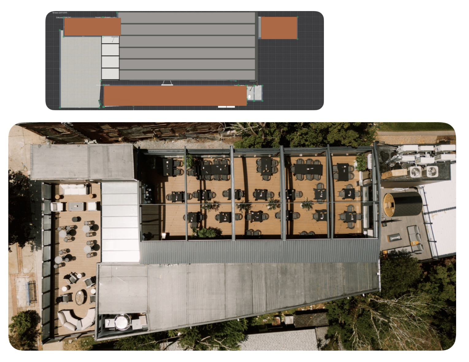Overhead plan compared to the finished rooftop build
